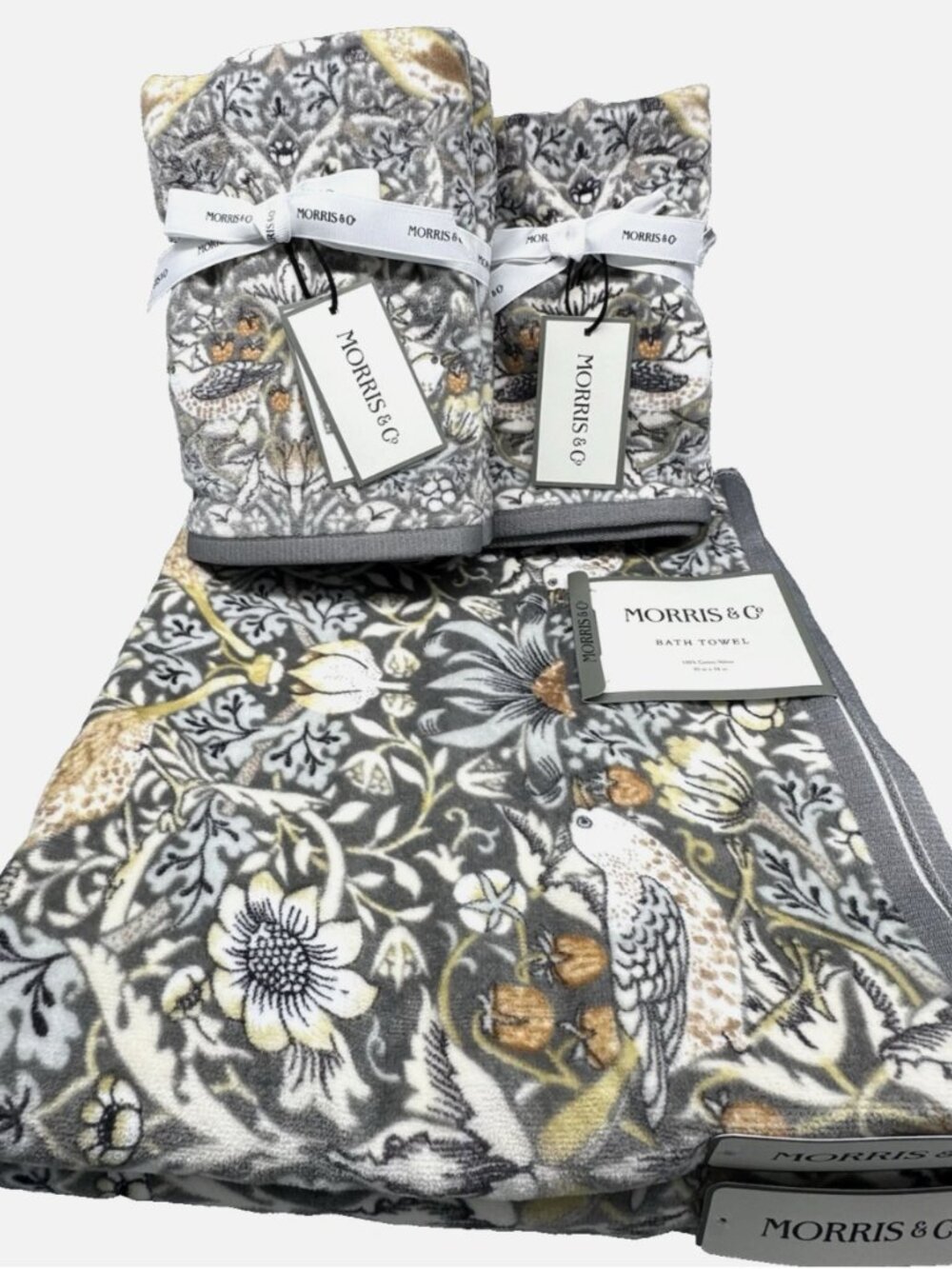 6 Pc William Morris Strawberry Thief Bird Velour Bath Hand Tip Towel Set Gray